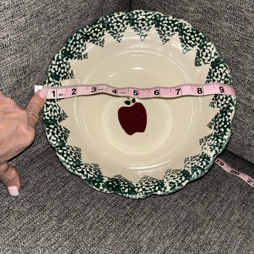 Folk Craft Stoneware Apple Serving Bowl Green Spongeware Vintage - Picture 4 of 4